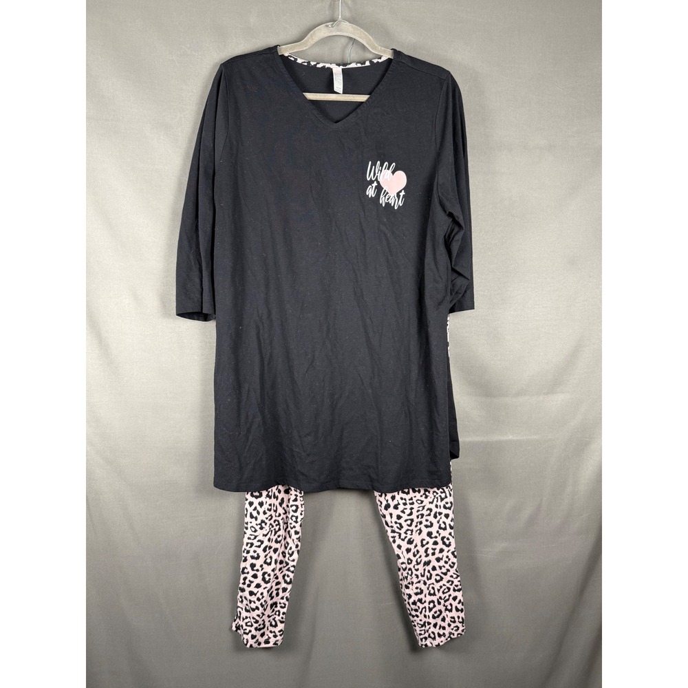 Cacique Pajama Set Women 14/16 Black Pink Wild at Heart Leopard Print Leggings